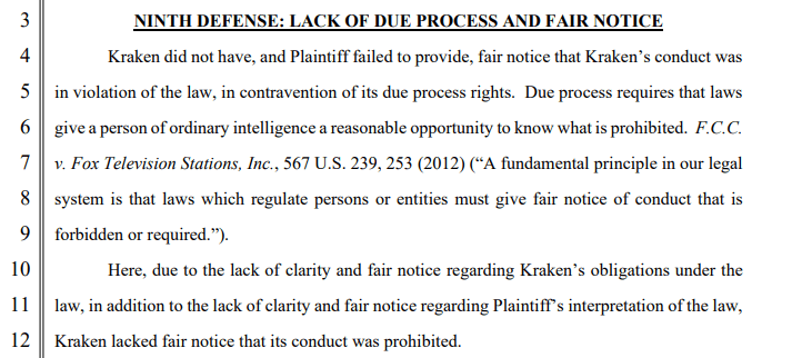 Kraken's ninth defense cites lack of due process and legal notice
