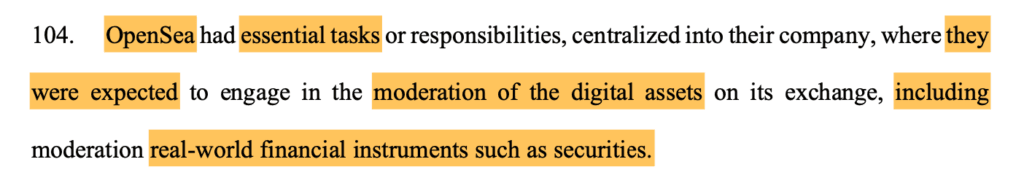 Lawsuit excerpt claiming OpenSea removed securities from its platform