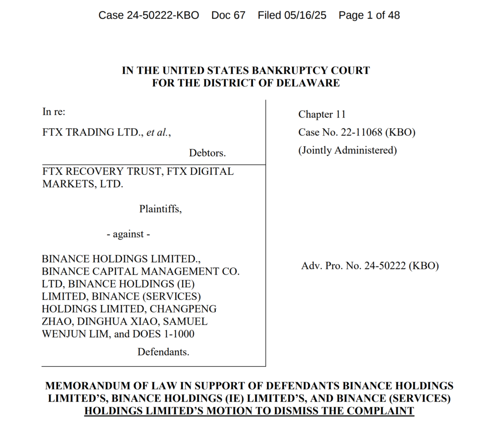 Binance filing to dismiss FTX’s lawsuit against the exchange