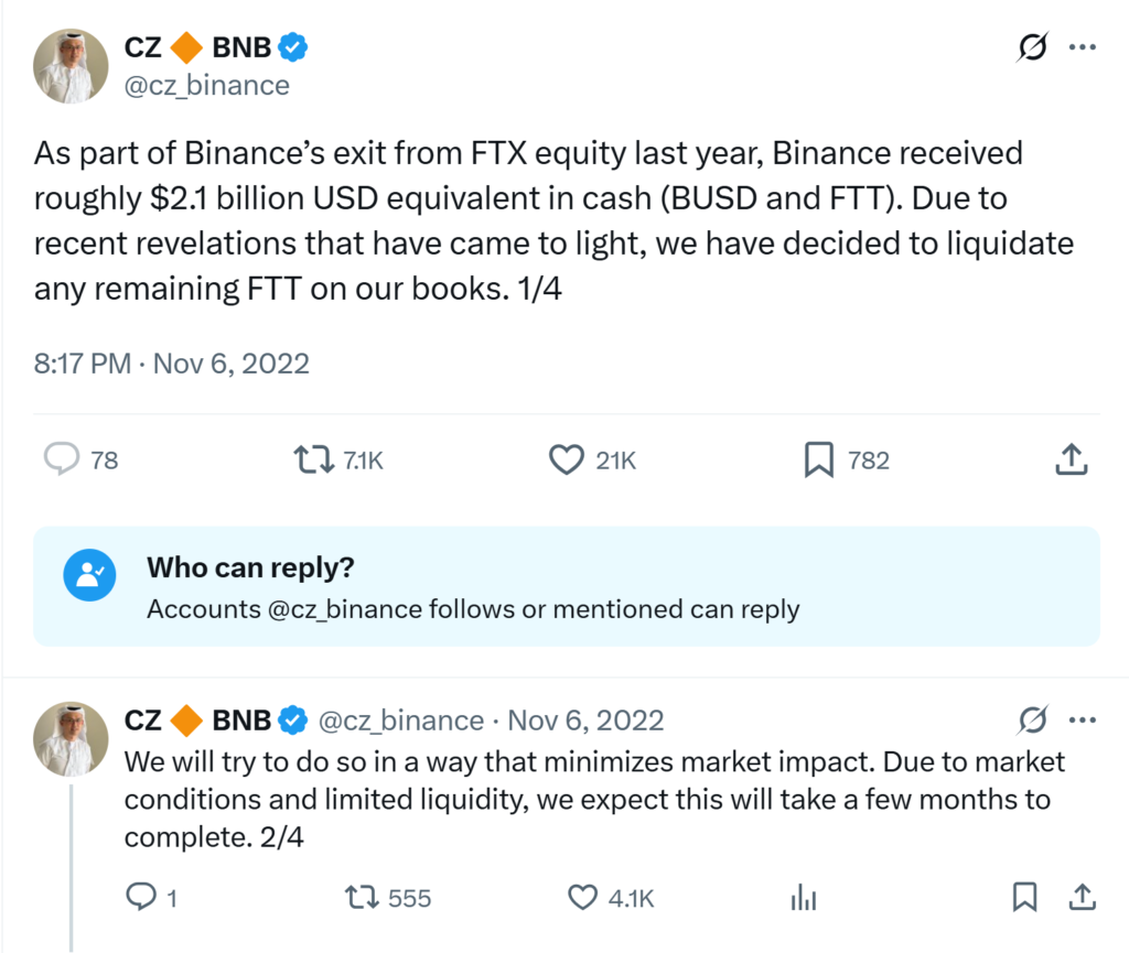CZ announced plans to liquidate FTT holdings in 2022