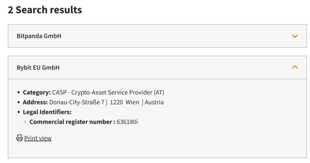 Bybit listing on the FMA website