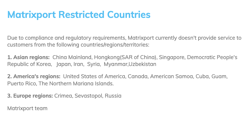 The list of restricted countries on Matrixport