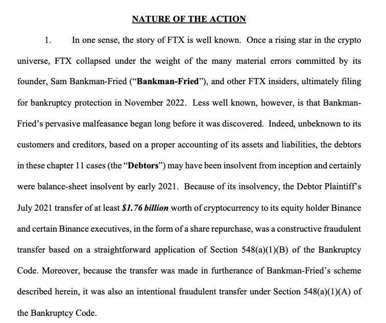 An excerpt from the FTX estate’s complaint against Binance