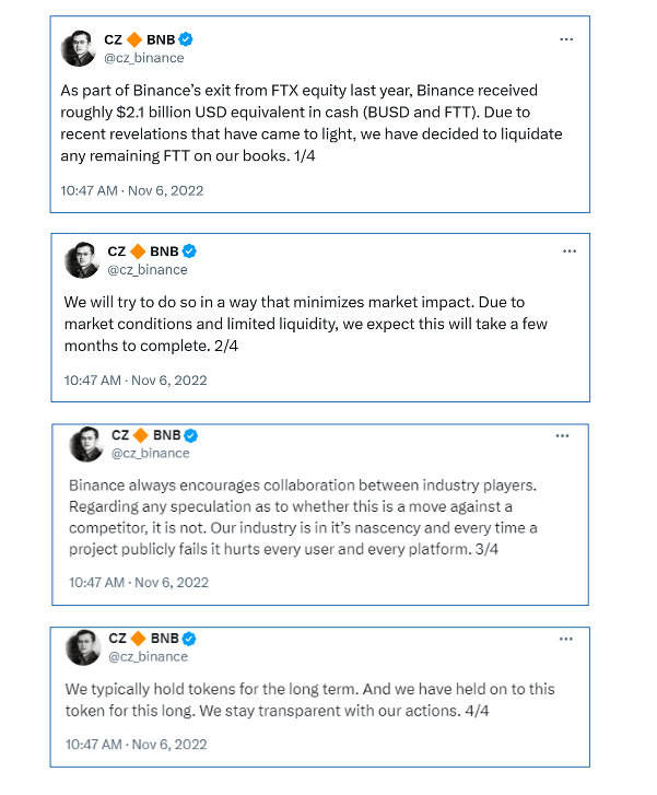 Former Binance CEO Changpeng Zhao’s X thread on FTT liquidation in Nov. 2022